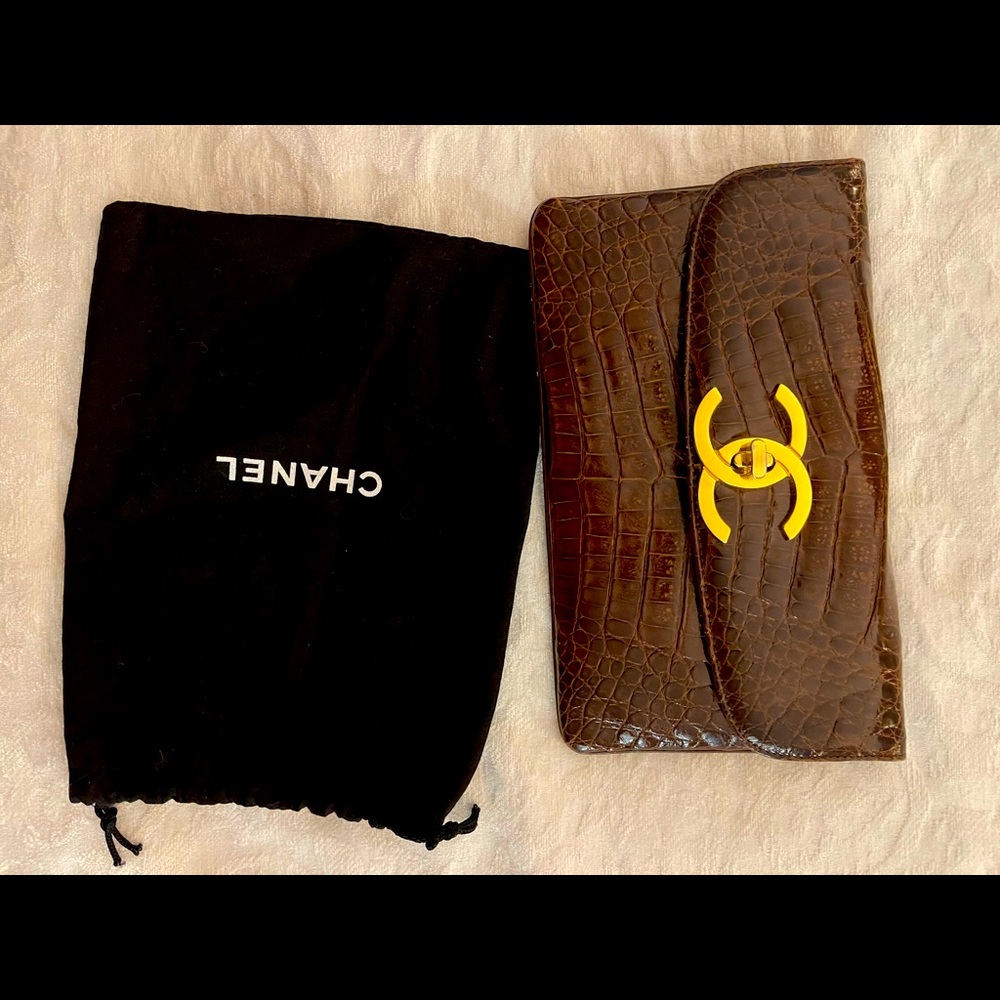 RARE Chanel Brown Crocodile Flap Wallet 1990